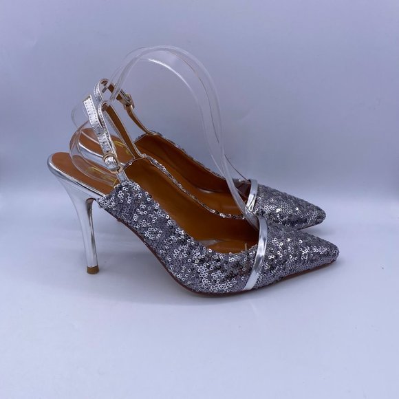 FSJ Silver Slingback pointed Kitten Heel Sandals - Picture 4 of 9